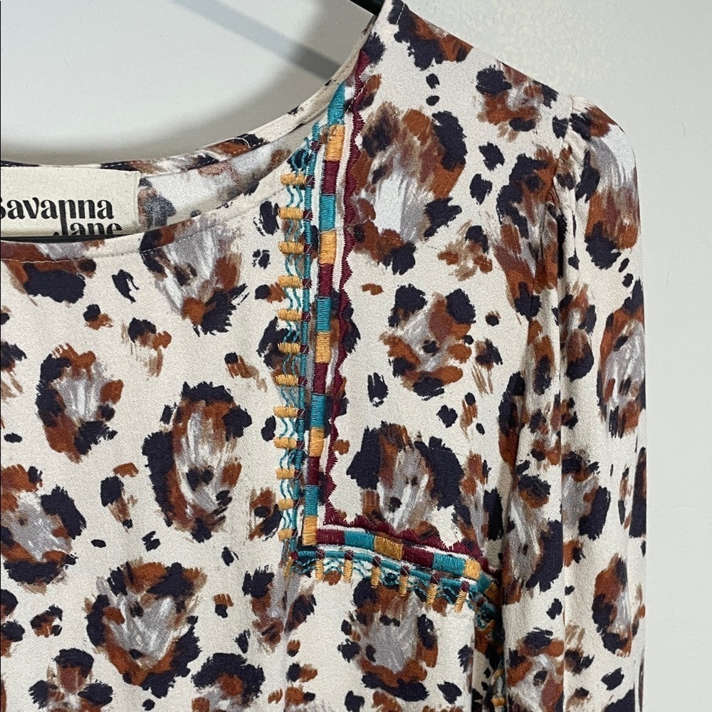 Savanna Jane Leopard Embroidered Boho Rayon Blouse M - Picture 4 of 10